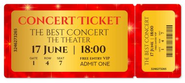 Bilet şablon, konser bileti yıldız (Bilet ayırma mockup) kırmızı yıldızlı glitter arka plan üzerinde. Herhangi bir festival, parti, sinema, olay için yararlı, eğlence göstermek, film