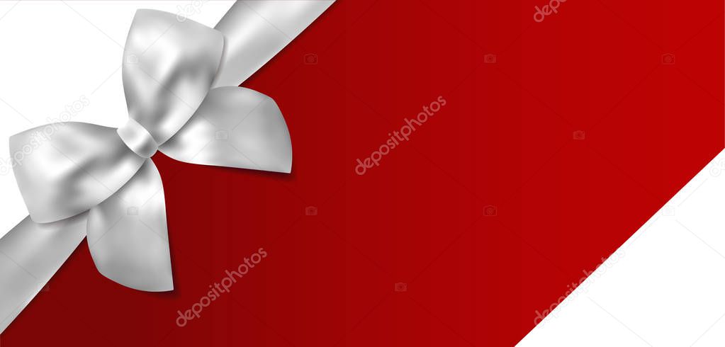 Voucher, Gift certificate, Coupon template. Silver bow, ribbon on white background. Blank vector design gift card