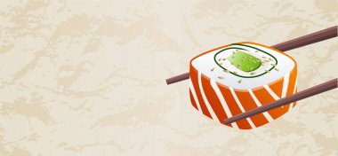 Somon klasik suşi roll parça vektör boş kopya alanı ile hafif dokulu arka plan üzerinde izole yemek çubukları ile füme. Suşi bar restoran menü el ilanı, fiş, hediye kuponu, afiş için yararlı
