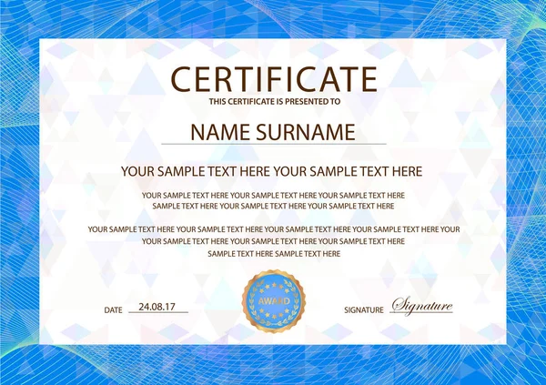 Certificate Template Blue Guilloche Frame Border Design Diploma Certificate Appreciation — Stock Vector