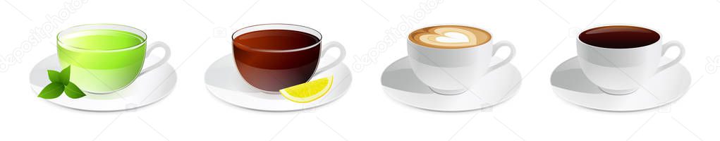 Drinks in cups vector set isolated on white background. Illustration with cup of cappuccino, coffee americano, latte, hot green and black for your design menu