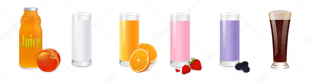 Cold drinks, beverages vector set isolated on white background. Illustration with glass of milk, glass of juices, milkshake for your design menu