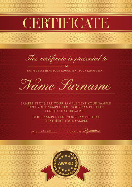 Сертификат вектора вертикальной роскоши соблазняет. Защищенный Lux золотая граница Guilloche шаблон для Диплом, акт, сертификат признательности, достижения, завершение премиум-дизайн. Красная лента, эмблема ордена

