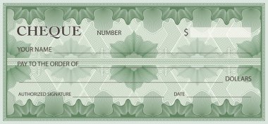 Çek, Çek (Çek defteri şablon). Guilloche desen soyut çiçek filigran ile sınır. Yeşil banknot, para tasarım, para birimi, banknot, arka planını çeki, hediye çeki, para kupon