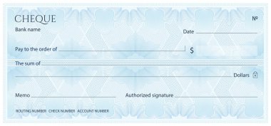 Check, Cheque (Chequebook template). Guilloche pattern with abstract floral watermark, border. Blue background for banknote, money design, currency, bank note, Voucher, Gift certificate, Money coupon clipart