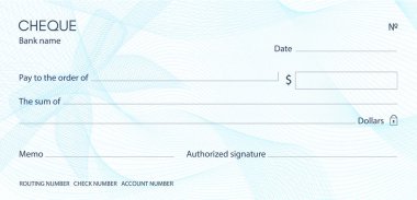 Check, Cheque (Chequebook template). Guilloche pattern with blue bow watermark. Background hi detailed for banknote, money design, currency, bank note, Voucher, Gift certificate, Money coupon clipart