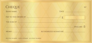 Çek, Çek, Çek defteri şablon. Guilloche desen ile soyut geometrik filigran. Banknot, para tasarım, para birimi, banknot, altın arka planını çeki, hediye çeki, para kupon