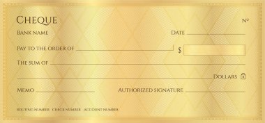 Cheque, Check, Chequebook template. Guilloche pattern with abstract geometric watermark. Golden background for banknote, money design, currency, bank note, Voucher, Gift certificate, Money coupon clipart