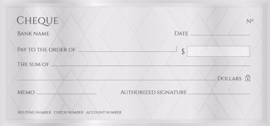 Cheque, Check, Chequebook template. Guilloche pattern with abstract geometric watermark. Silver background for banknote, money design, currency, bank note, Voucher, Gift certificate, Money coupon clipart