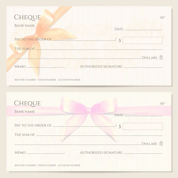 Check Cheque Chequebook Template Floral Pattern Orange Pink Bow Ribbon — Stock Vector