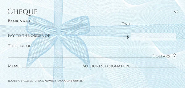 Cheque Plantilla Chequera Patrón Guilloche Con Marca Agua Lazo Azul — Vector de stock