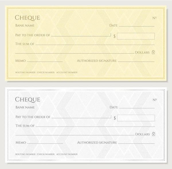 Cheque Check Chequebook Template Guilloche Pattern Abstract Geometric Watermark Golden — Stock Vector
