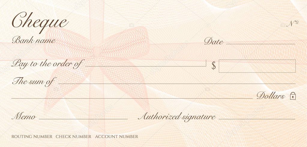 Check, Cheque (Chequebook template). Guilloche pattern with red bow watermark. Background hi detailed for banknote, money design, currency, bank note, Voucher, Gift certificate, Money coupon