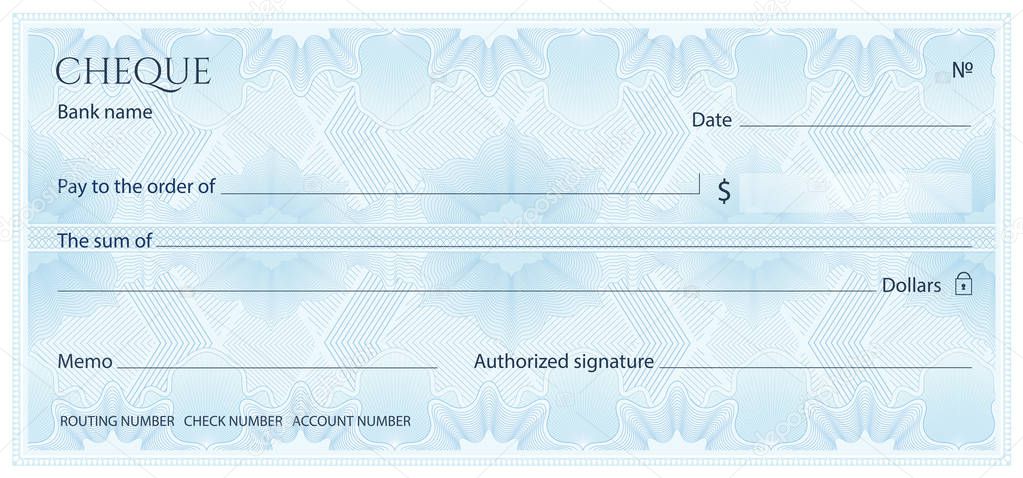 Check, Cheque (Chequebook template). Guilloche pattern with abstract floral watermark, border. Blue background for banknote, money design, currency, bank note, Voucher, Gift certificate, Money coupon