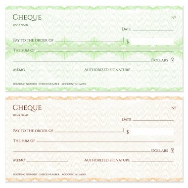 Çek, Çek (Çek defteri şablon). Guilloche desen yeşil soyut çiçek filigran ile sınır. Banknot, para tasarım, para birimi, banknot, arka planını çeki, hediye çeki, para kupon