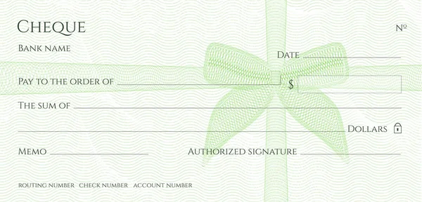 チェック 小切手 小切手帳テンプレート 緑色の弓 リボン 透かしギョーシェ パターン こんにちは紙幣 金設計 詳細な背景伝票 — ストックベクタ