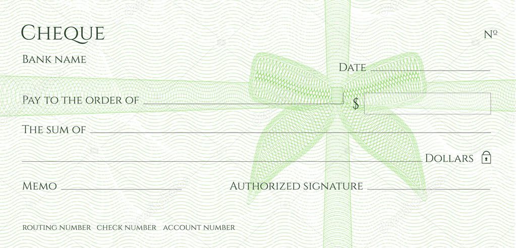 Check, Cheque (Chequebook template). Guilloche pattern with green bow (ribbon) watermark. Background hi detailed for banknote, money design,currency, bank note, Voucher, Gift certificate, Money coupon