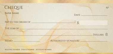 Check, Cheque (Chequebook template). Guilloche pattern with abstract line  watermark, border. Gold background for banknote, money design,currency, bank note, Voucher, Gift certificate, Money coupon clipart