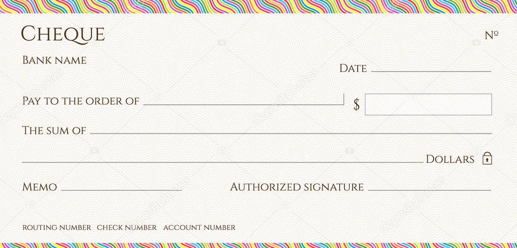 Check, Cheque (blank Chequebook template). Guilloche pattern with abstract colorful line border. Rainbow background for banknote, money design, currency, Voucher, Gift certificate, Money coupon