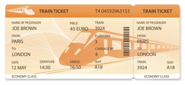 Vektör tren bileti, demiryolu geçmek tasarım, Gezgin onay (şablon / Düzen) tren turuncu zemin üzerine. Demiryolu taşıma araçları ile seyahat. İyi tatiller. İzole vektör
