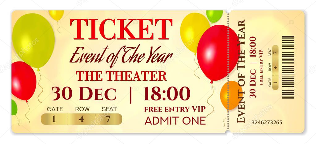 Admission ticket template. Vector mockup concert ticket (tear-off) with colorful air balloons on gold background. Useful for any festival, party, cinema, birthday event, entertainment show