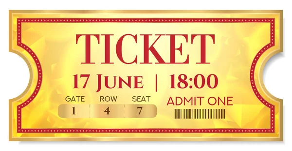 入場のゴールデン チケット テンプレート ベクトルをゴールドの背景に赤い枠 ティアオフ モックアップ映画のチケット ダンス フェスティバル パーティー 音楽イベント — ストックベクタ