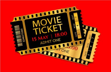 Giriş film bilet şablonu. Vektör mockup geçmek (ayırma) altın ve siyah film teyp yaratıcı arka plan tasarımı ile. Sinema, müzik etkinliği, için yararlı eğlence göstermek, konser giriş