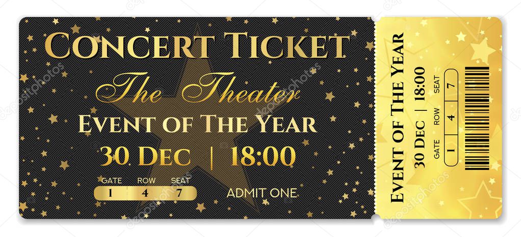 Admission ticket template. Vector mockup concert ticket (tear-off) with star magical black background. Useful for any festival, party, movie, cinema, birthday event, entertainment show