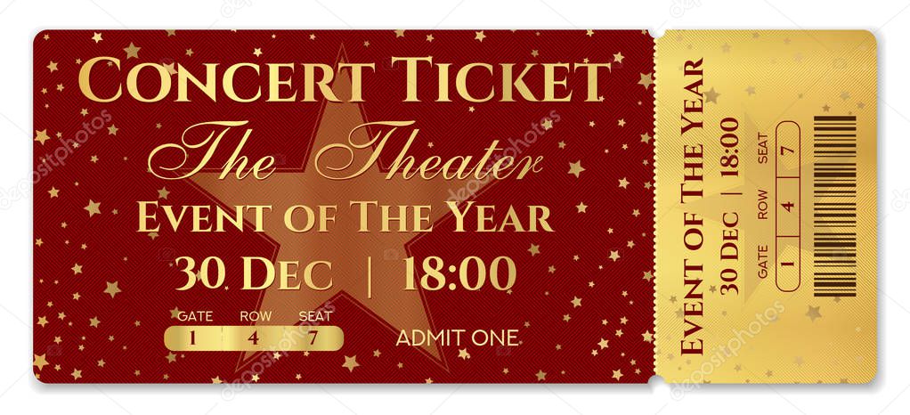 Admission ticket template. Vector mockup concert ticket (tear-off) with star magical red and gold background. Useful for any festival, party, movie, cinema, birthday event, entertainment show
