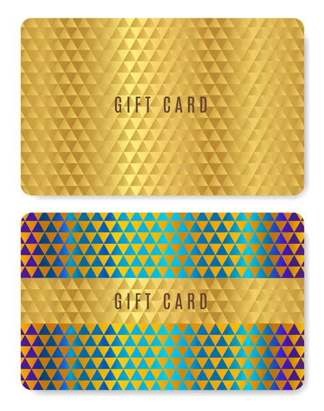 黄金礼品卡模板 折扣或奖励卡模型 向量礼物优惠券与金三角几何样式 五颜六色的背景设计 优惠券 — 图库矢量图片