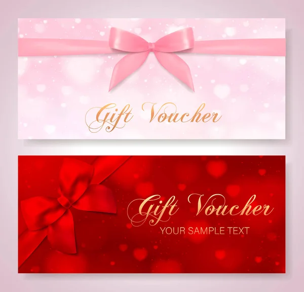 Gift Voucher Certificate Red Hearts Background Bow Pink Ribbon Maroon — Stockvector
