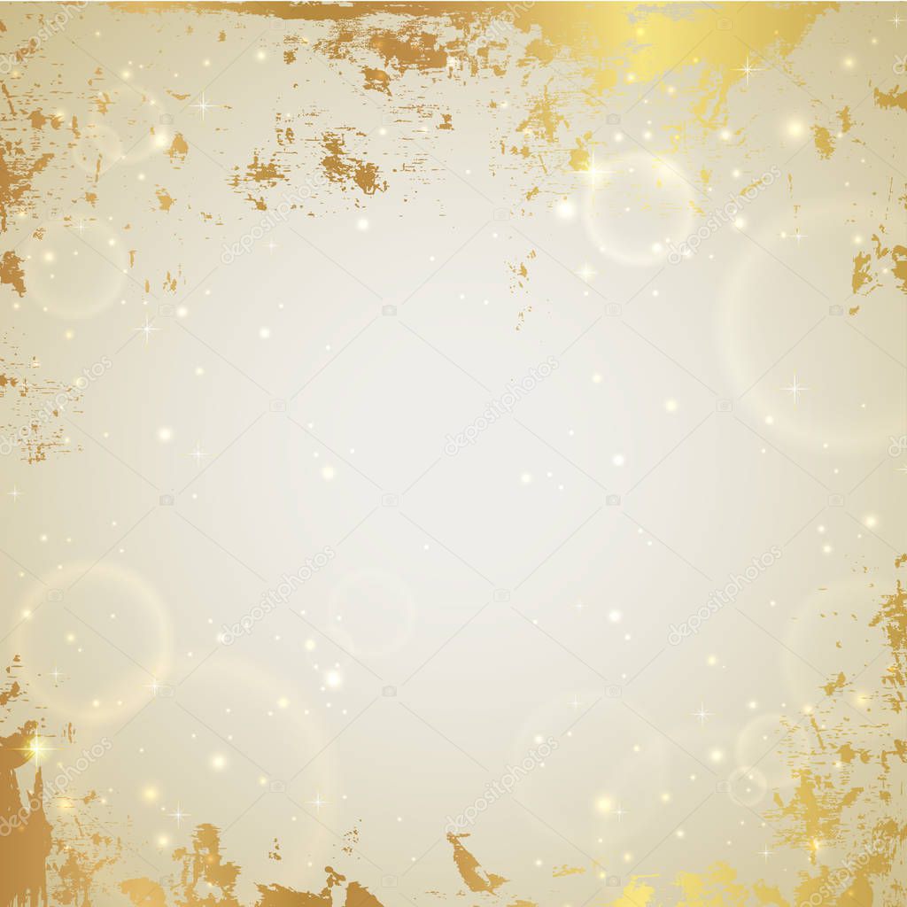 Blank vector grunge background with golden paint border, twinkle stars. Holiday lux banner (card) useful for celebration announcement