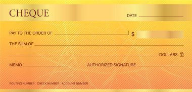 Çek, onay (Çek defteri şablon). Guilloche desen ile soyut çizgi filigran. Altın arka plan Merhaba ayrıntılı banknot, para tasarım, para birimi, banknot, çeki, hediye çeki, para kupon
