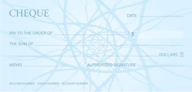 Çek, Çek (Çek defteri şablon). Guilloche desen ile soyut çizgi filigran. Merhaba banknot, para tasarım, para birimi, banknot, ayrıntılı arka plan çeki, hediye çeki, para kupon