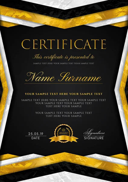 Шаблон Сертифіката Геометричною Рамкою Золотим Значком Дизайн Чорного Фону Диплома — стоковий вектор