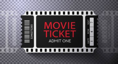 Admission movie ticket template. Black vector mockup pass (tear-off) with film tape creative background design. Useful for cinema event, entertainment show entry clipart