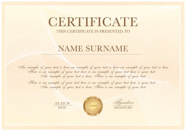 Sertifika şablonuyla Guilloche desen, çerçeve kenarlığı ve Altın Ödülü. Arka plan tasarımı için Diploma, değer artırma, başarı, tamamlama, üstün başarı belgesi