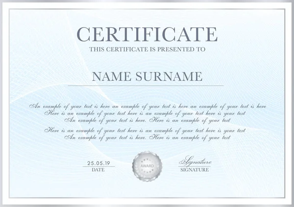 证书模板与 Guioche 银框边框和奖励奖牌 蓝色背景设计的文凭 欣赏证书 — 图库矢量图片