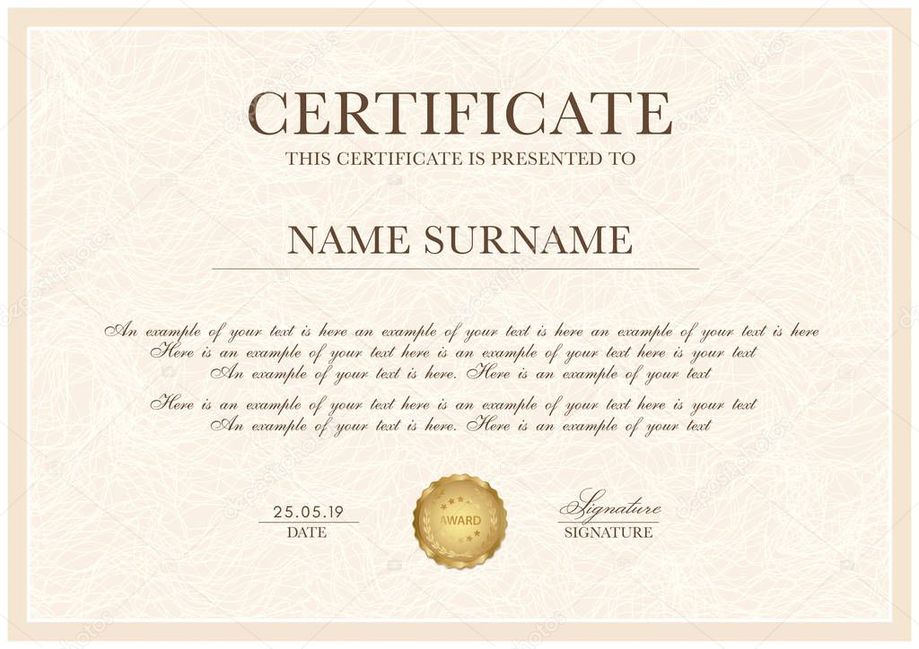 Certificate template with Guilloche pattern, frame border and gold award. Background design for Diploma, certificate of appreciation, achievement, completion, of excellence
