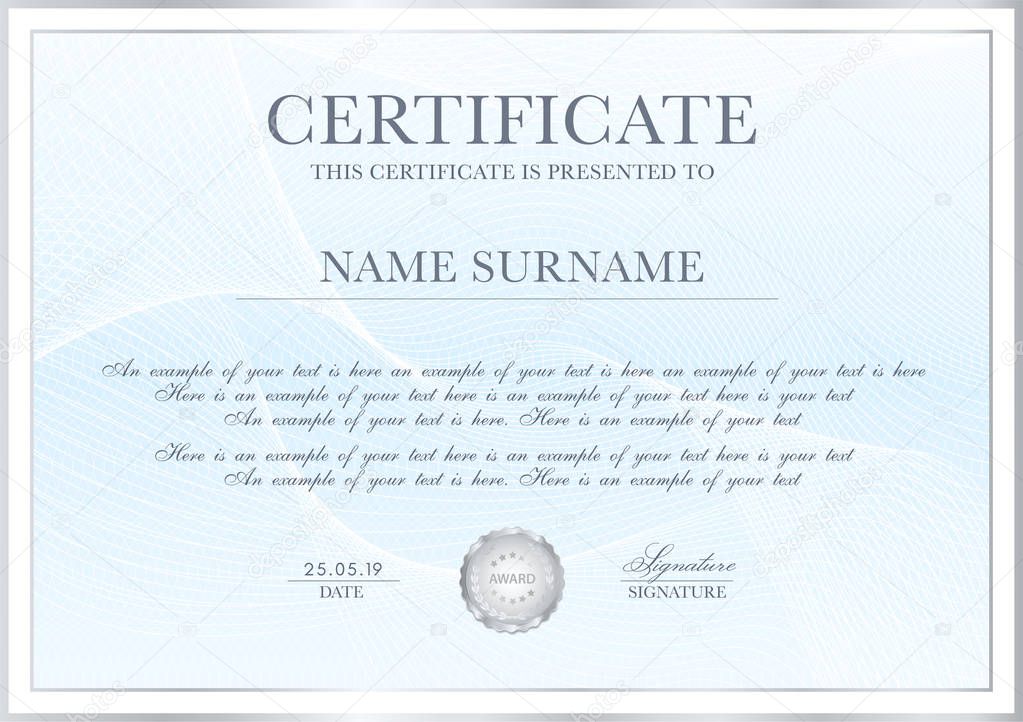 Certificate template with Guilloche pattern, silver frame border and award medal. Blue background design for Diploma, certificate of appreciation, achievement, completion, of excellence