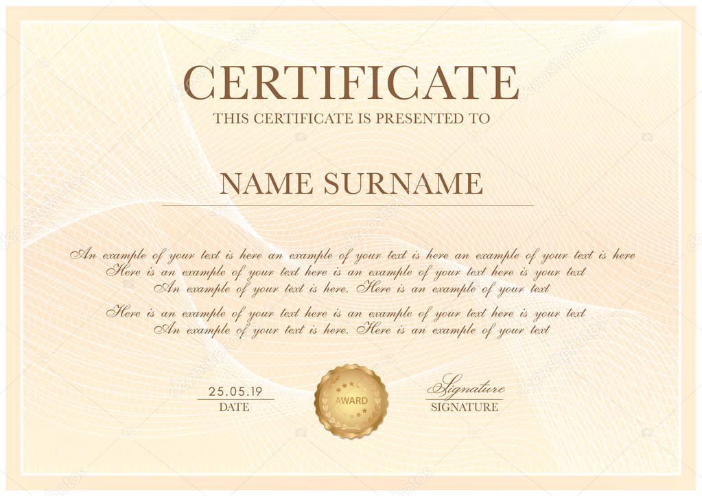 Certificate template with Guilloche pattern,  frame border and gold award. Background design for Diploma, certificate of appreciation, achievement, completion, of excellence