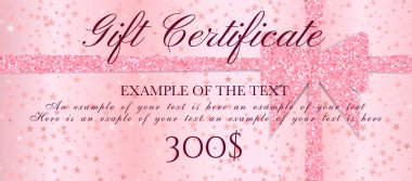 Hediye sertifikası, Bilet, hediye çeki ışıltı yıldızlı glitter arka plan ve pembe Fiyonk (şerit). Boş kupon şablonu davet, parti, olay veya eğlence göstermek için yararlı 