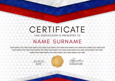 Sertifika şablonuyla Rus bayrağı (beyaz, kırmızı, mavi renk) çerçeve ve altın rozet. Beyaz arka plan tasarımı için Diploma, sertifika Ödülü ve takdir