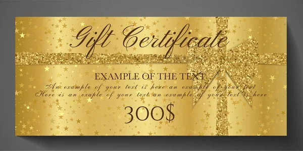 Cadeaubon Gouden Ticket Cadeaubon Met Sparkle Starry Glitter Achtergrond Roze — Stockvector