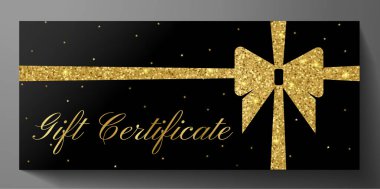 Hediye sertifikası, altın bilet, hediye çeki ışıltı yıldızlı arka plan ve altın yay (şerit). Boş siyah kupon şablonu davet, parti, olay veya eğlence göstermek için yararlı 