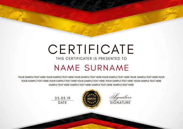Шаблон Сертификата Германским Флагом Черный Красный Желтый Цвета Рамка Золотой — стоковый вектор
