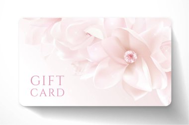 Temiz arka planda izole edilmiş güzel gerçekçi manolya pembe çiçekli hediye kartı. Düğün tasarımı için kullanışlı şablon, kadın alışveriş kartı (sadakat kartı)