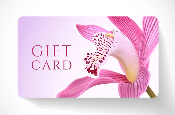 Cadeaubon Met Mooie Realistische Orchidee Roze Bloem Geïsoleerd Schone Achtergrond — Stockvector