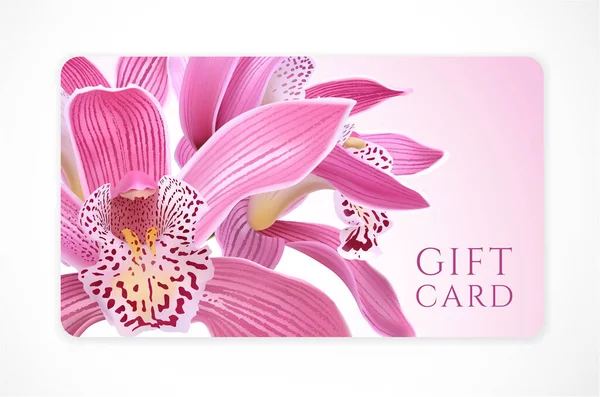 Cadeaubon Met Mooie Realistische Orchidee Roze Bloem Geïsoleerd Schone Achtergrond — Stockvector