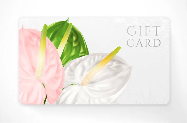 Gift Card Con Fiori Tropicali Esotici Realistici Asiatici Anthurium Andraeanum — Vettoriale Stock